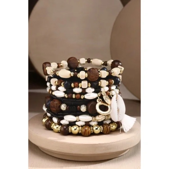 Brown 10 Layered Bohemian Stack Stretch Bracelet Set w/ Charms Cowrie Tassel - Picture 2 of 4